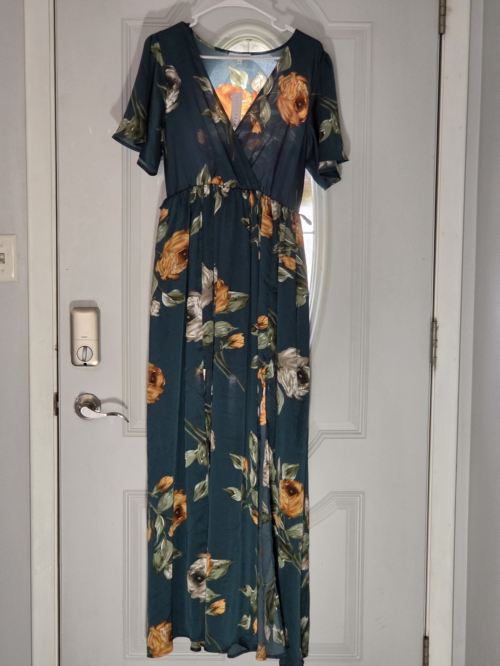 Floral V-Neck Maxi Dress in Teal with Orange & Cream Blooms